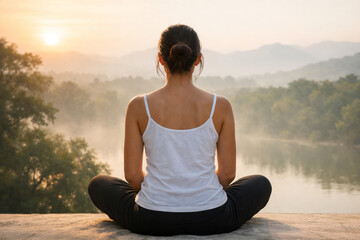 Fototapeta premium Young woman meditates cross-legged on a wooden dock by a misty mountain lake at sunrise, embodying calm, mindfulness and natural tranquility during a peaceful outdoor wellness moment.