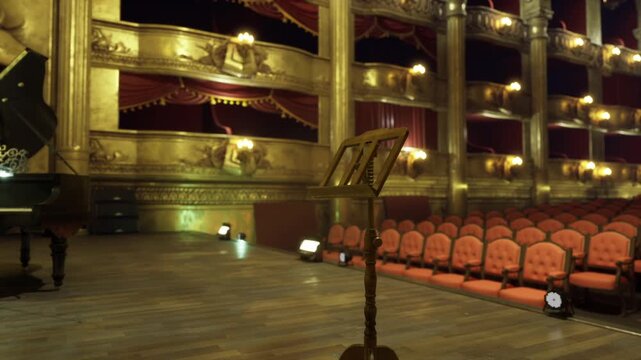 Wide stage view toward empty seats, camera low on polished floor capturing sweeping auditorium, red rows and ornate balconies under soft house lights, sense