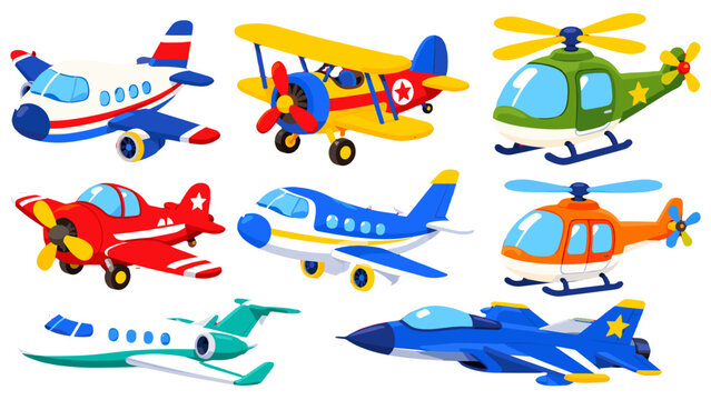 Cartoon aircraft set with airplanes and helicopters