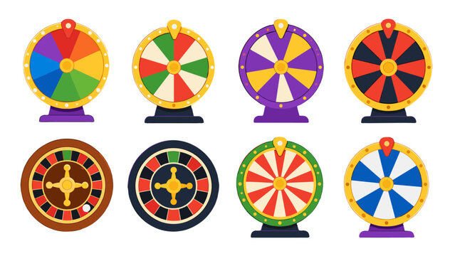 Set of colorful spinning prize wheels in flat vector style