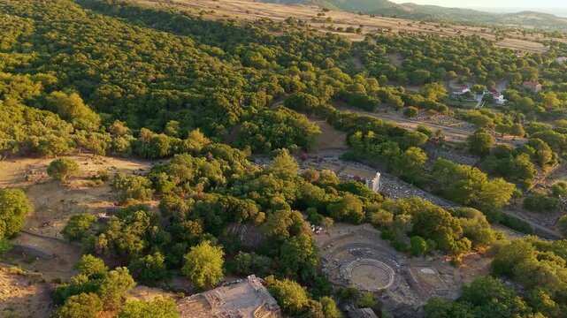 Aerial View of Sanctuary of the Great Gods at Sunset Samothrace
