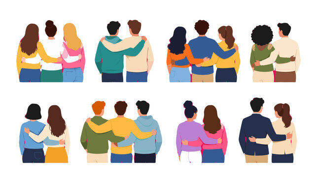 Set of people standing together with arms around each other
