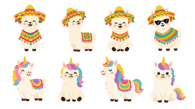 Cute llama and alpaca cartoon set with sombreros and unicorn horns