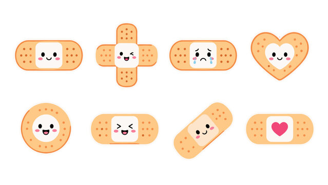 Cute adhesive bandage character set in various shapes and faces