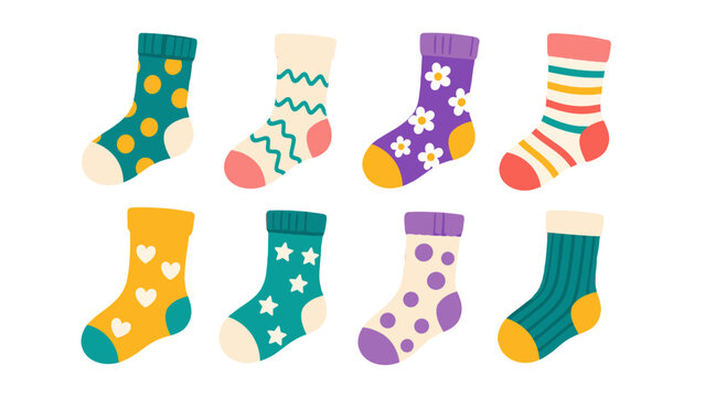 Set of colorful patterned socks in playful flat vector style