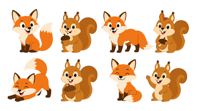 Cute cartoon fox and squirrel character set in playful poses