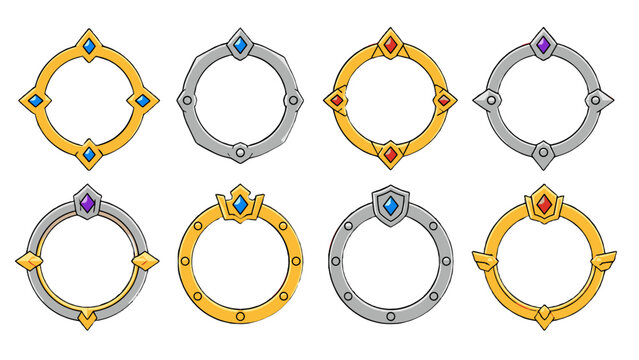 Set of ornate circular frames with gem decorations