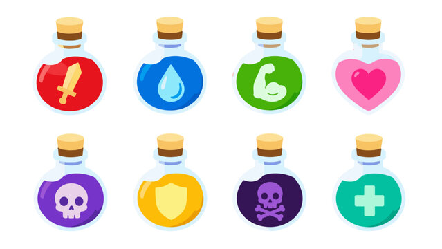 Set of colorful game potion bottles with fantasy icons