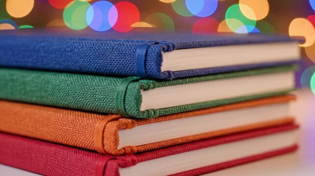 Stack of four colorful fabric hardcover notebooks with elastic bands on a blurred festive light background