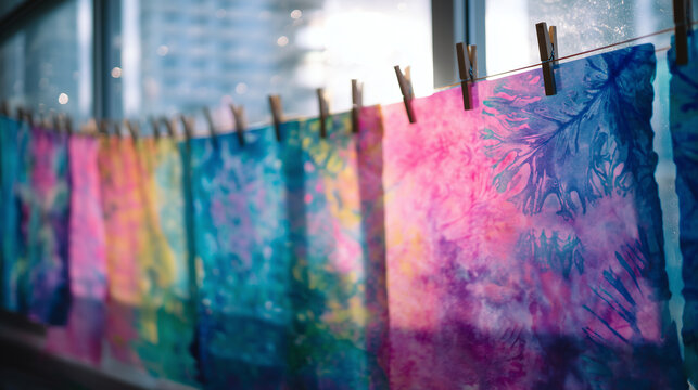 Colorful marbled paper prints in pink, teal and indigo clipped on a drying line backlit by soft daylight through a studio window