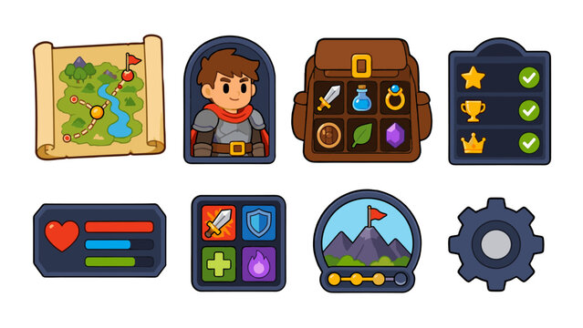 Fantasy game interface icons with map, avatar, inventory and stats