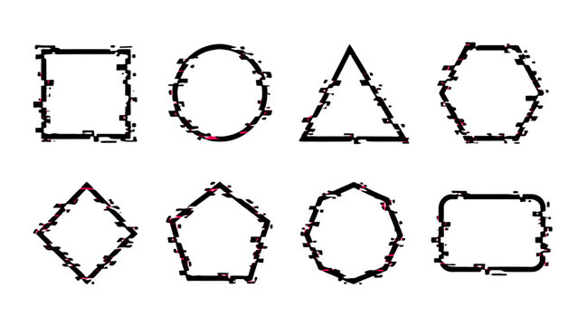 Set of geometric glitch outline frames and shape borders