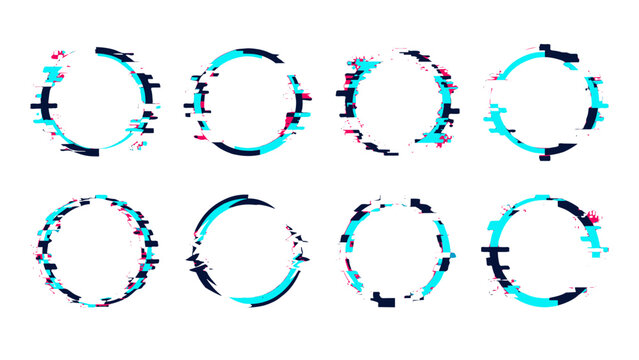 Set of abstract glitch circle frames on white background