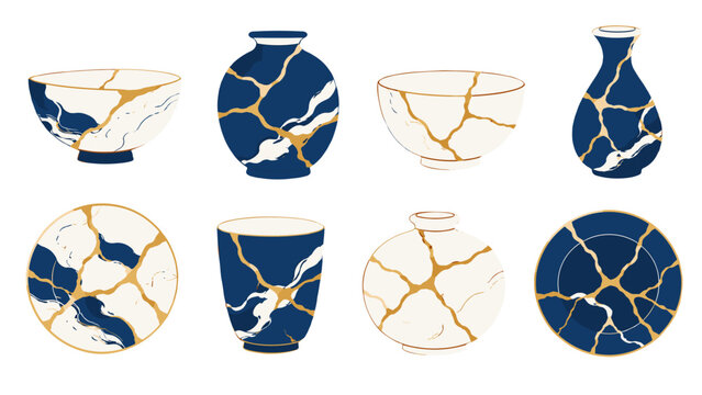 Blue and white ceramic bowls and vases with gold crack pattern