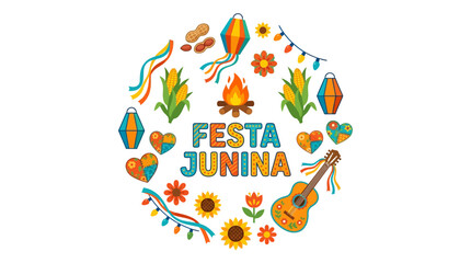 Naklejka premium Vibrant Festa Junina celebration with lanterns, flowers, and guitar, surrounded by bonfire and ribbons outdoors.