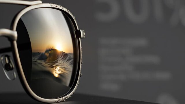 Sunglasses displaying ocean sunrise reflection on lenses. Eyewear product presentation with water droplets on frame. Optical accessory conceptual advertising