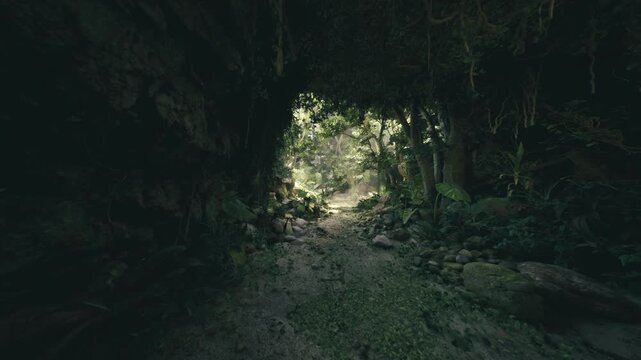 Dark cavern exit opening to lush sunlit path, stark contrast between shadowed interior and bright greenery, mossy stones and inviting exploration.