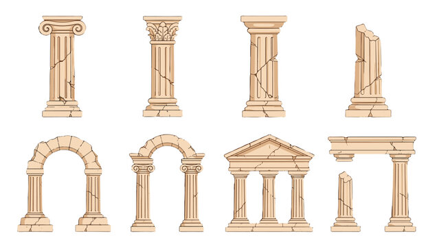 Set of ancient stone columns arches and temple ruins