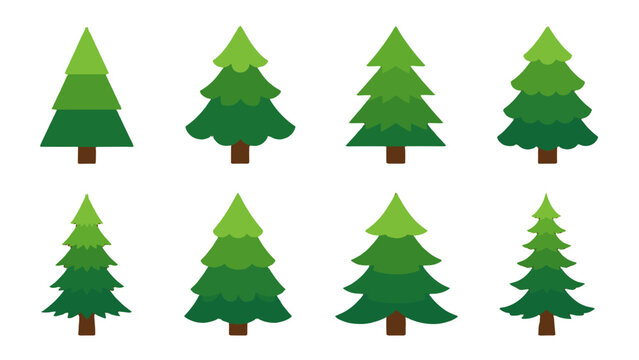 Set of stylized green fir trees in simple vector illustration
