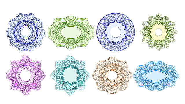 Set of colorful guilloche rosette security pattern shapes
