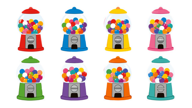 Set of colorful gumball machines with assorted candy balls