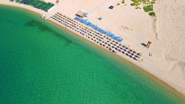 Aerial View of Pachia Ammos Beach with Sun Umbrellas Samothraki Greece