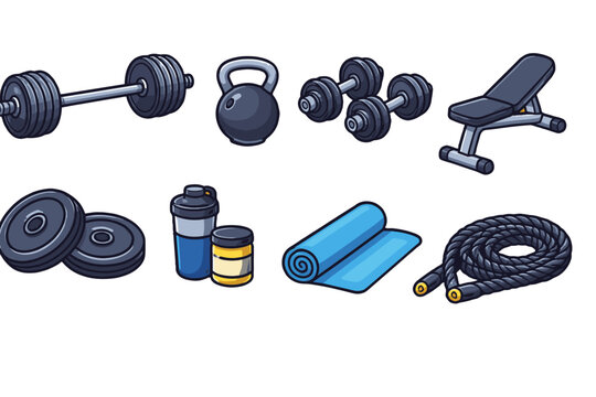 Gym equipment set with weights bench mat rope and shaker