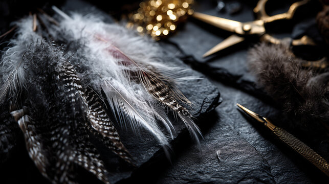 Speckled fly tying feathers fanned across dark slate beside golden scissors and a bodkin tool under soft even overhead light