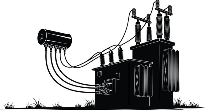 Electrical transformer illustration with cables insulators and outdoor setup, decorative artwork vector element for energy, power, and engineering design