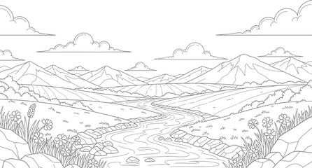 Fototapeta premium Line art landscape with mountains river and floral foreground
