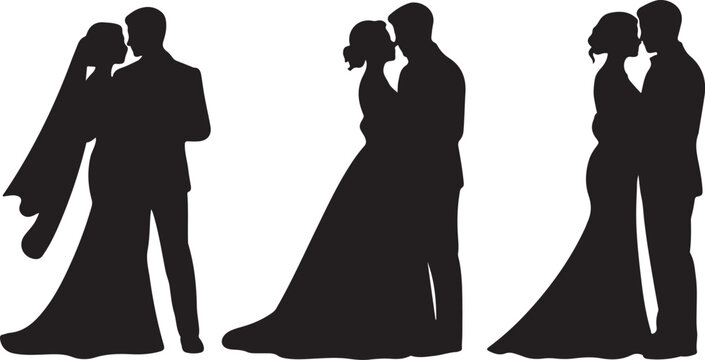 Set of wedding couple silhouettes, bride and groom standing together, romantic wedding poses, vector illustration