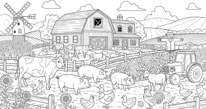 Farm animals and barnyard scene detailed line art illustration