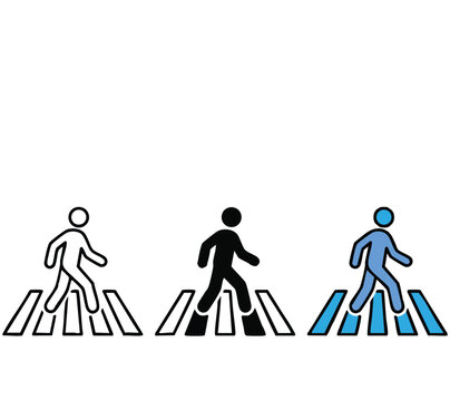 Crosswalk sign. Pedestrian crossing the road icon. Person walking cross the road. Zebra roadsign vector illustration. Man walk symbol.