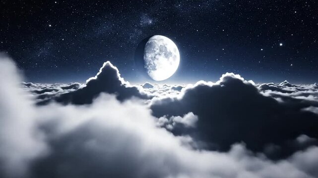 Majestic moon shines brightly above a sea of dramatic clouds under a starry night sky.