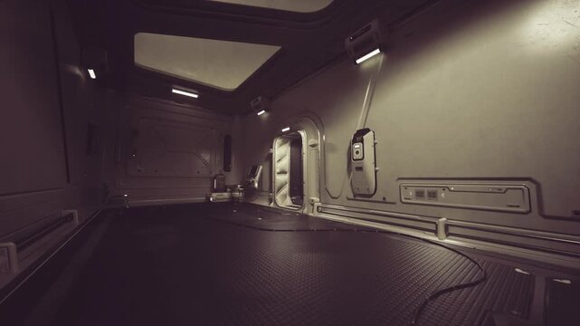 Empty engineering space station corridor under dim emergency lights, textured floor plating, visible utility conduits and maintenance panels ajar industrial