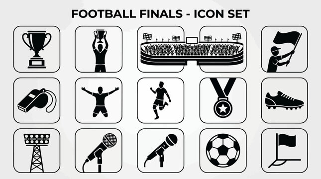 Flat black silhouette icon set with international football finals theme, championship cup, soccer player lifting trophy, packed stadium, fan waving flag, referee whistle, goal celebration pose