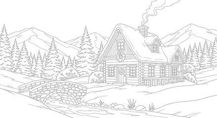 Obraz premium Winter cabin landscape outline illustration with stone bridge and mountain backdrop