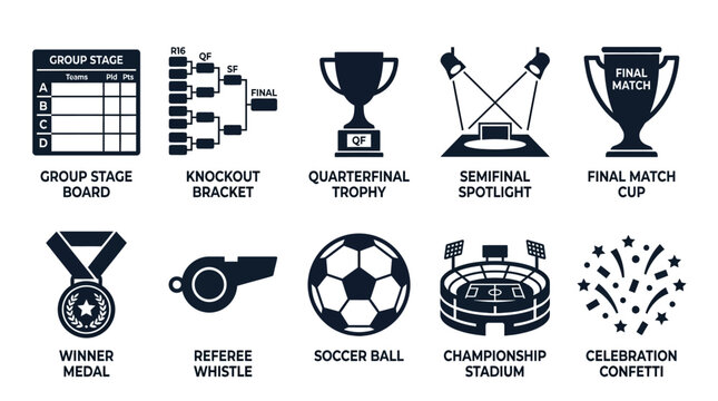 Geometric flat silhouette icon set of football tournament stages, group stage board, knockout bracket, quarterfinal trophy, semifinal spotlight, final match cup, winner medal, referee whistle, soccer 