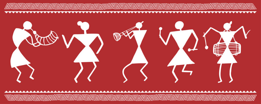 Beautiful warli painting with indian rural life. Rural area with beautiful nature in warli wall painting. Illustration, Vector, Drawing