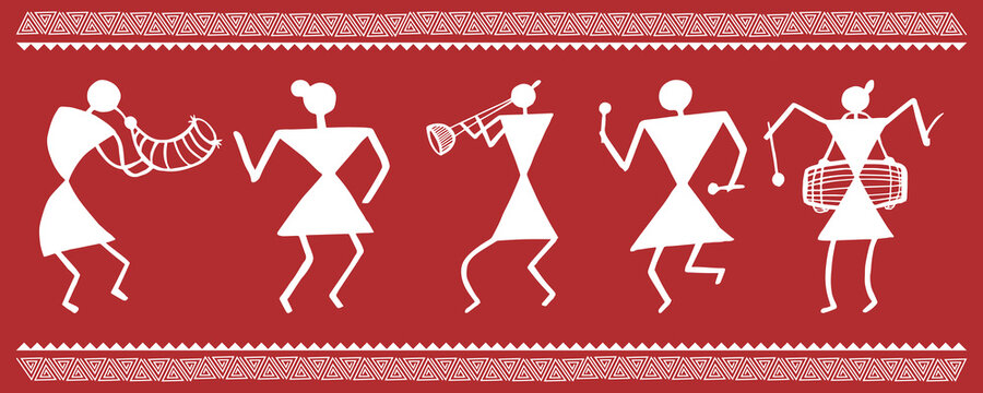 Beautiful warli painting with indian rural life. Rural area with beautiful nature in warli wall painting. Illustration, Vector, Drawing