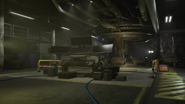 Wide prototype staging bay with vehicle, halogen fixtures highlight armored hull and modular crates, cable runs and service platforms suggest active diagnostics