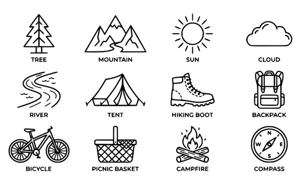 Everyday Life in Nature Icons Set &ndash; Minimal Outdoor Activity and Nature Elements Outline Vector Illustration