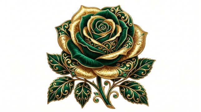 Luxury baroque style rose graphic with 24k gold leaf filigree trim and deep emerald green velvet petals, ornate high end jewel encrusted floral design, isolated on a solid white background, generative