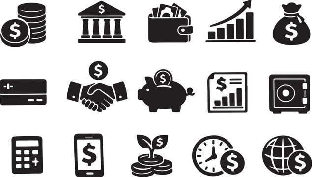 Financial icons, money symbols, business signs, 20 black vector graphics