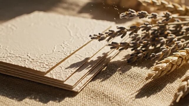 Stack of textured handmade paper cards with dried lavender and wheat on burlap in golden sunlight