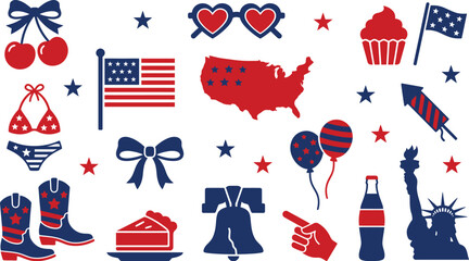 Patriotic 4th of July vector elements set with American flag map silhouette cowboy boots liberty bell bikini sunglasses cherry and holiday icons © Saif