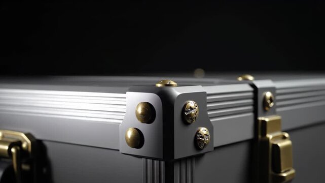 Close up of reinforced metallic flight case corner. Industrial transport equipment with metal rivets and sturdy latch. Secure storage box for high value cargo