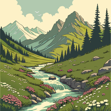 Scenic mountain landscape with a stream and flowers in a valley mountain range scenic spot water feature scenic beauty mountain scenery flower meadow mountain landscape wilderness outdoors