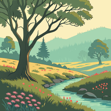 Large tree with a stream in a lush green landscape with flowers and mountains in the background landscape mountains environment wilderness ecosystem biodiversity greenery vegetation botanical