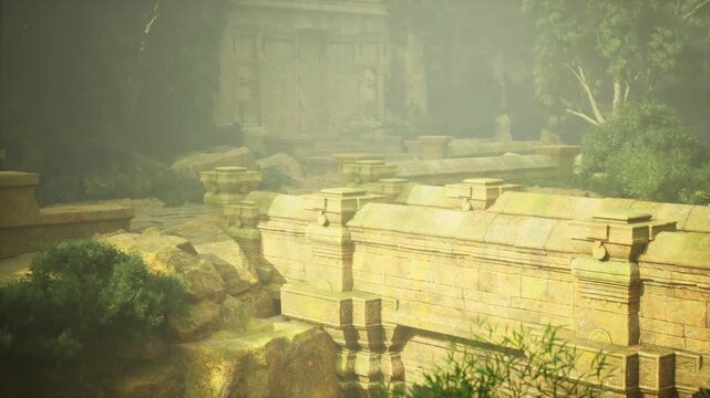 Sunlit descending Chacoinspired terraces with layered blocks and scattered shrubs, atmospheric haze accentuates depth and suggests ancient ceremonial passage